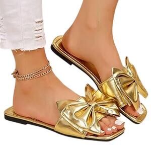 Gorglitter Women Size 9 Shiny Gold Bow Square Open Toe Slip On Flat Sandal Shoes